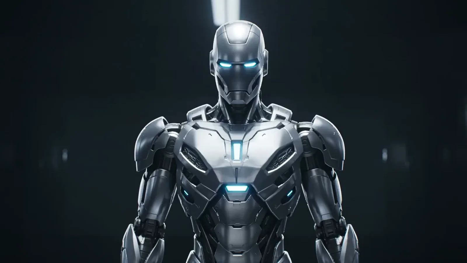 CG render of a silver hard-surface robot character with glowing blue accents, lit in a dark studio