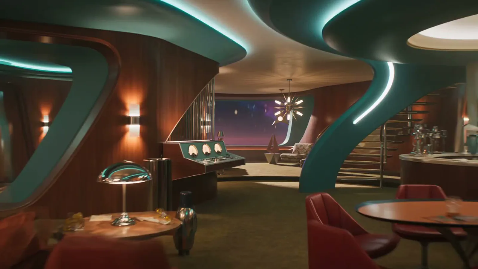 CG render of a retro-futurist interior with curved timber walls, teal neon coving and mid-century furniture