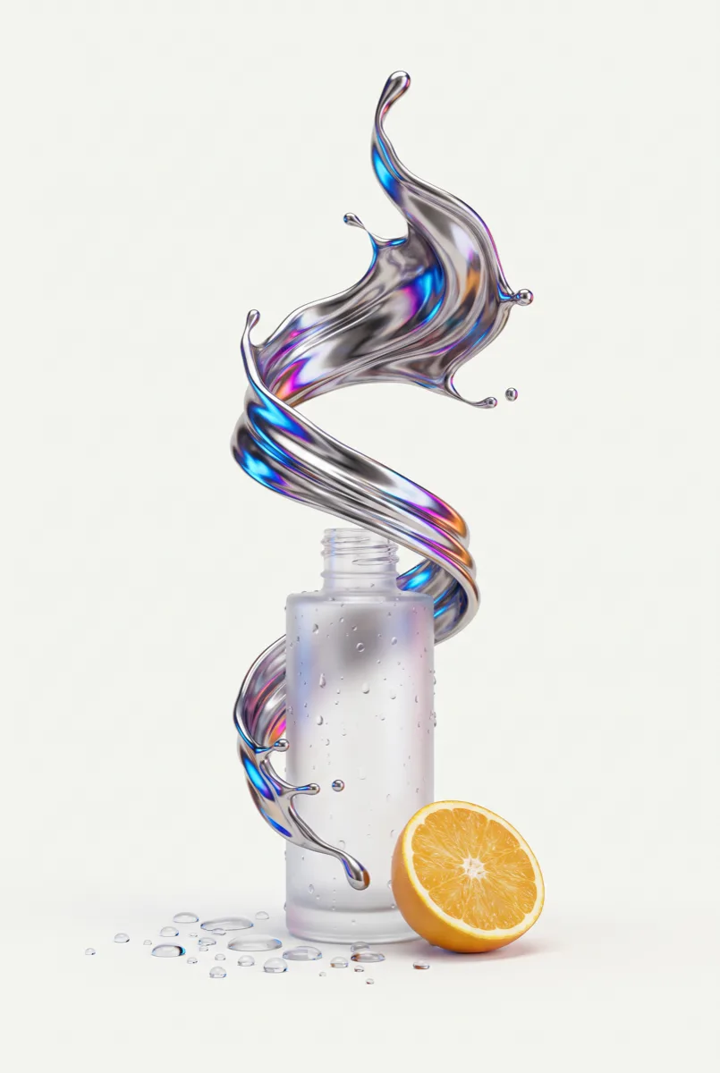 CGI product render of a serum bottle with a chrome liquid splash