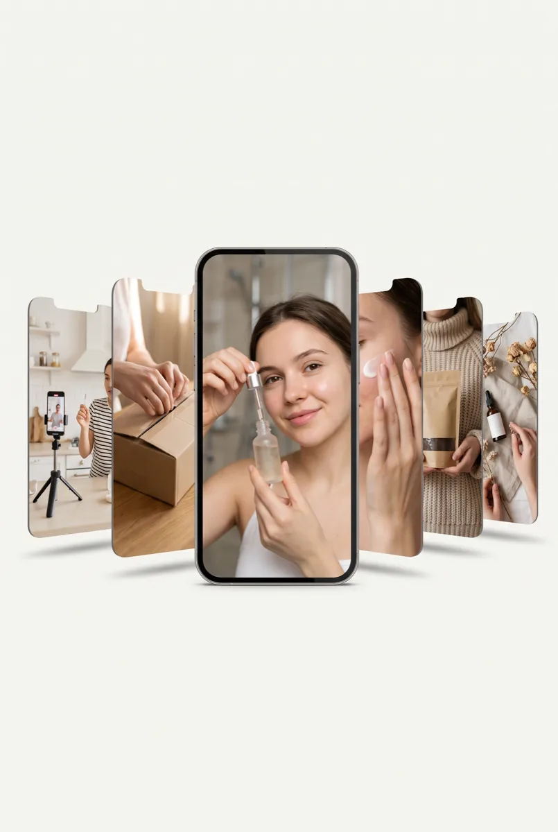 A fan of phone screens showing short-form product video content